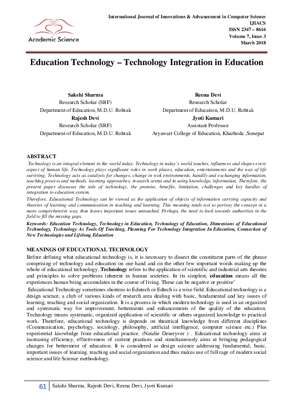 (PDF) 61 Education TechnologyTechnology Integration in Education
