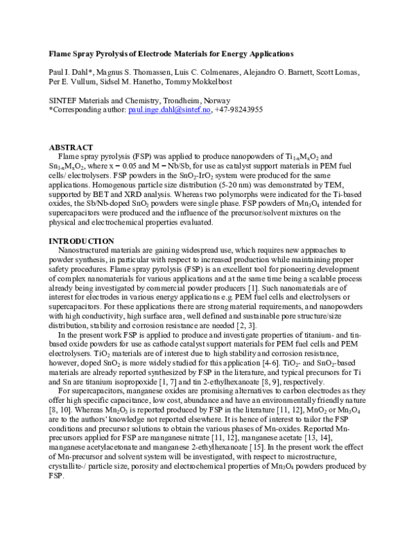 (PDF) Flame Spray Pyrolysis of Electrode Materials for Energy Applications