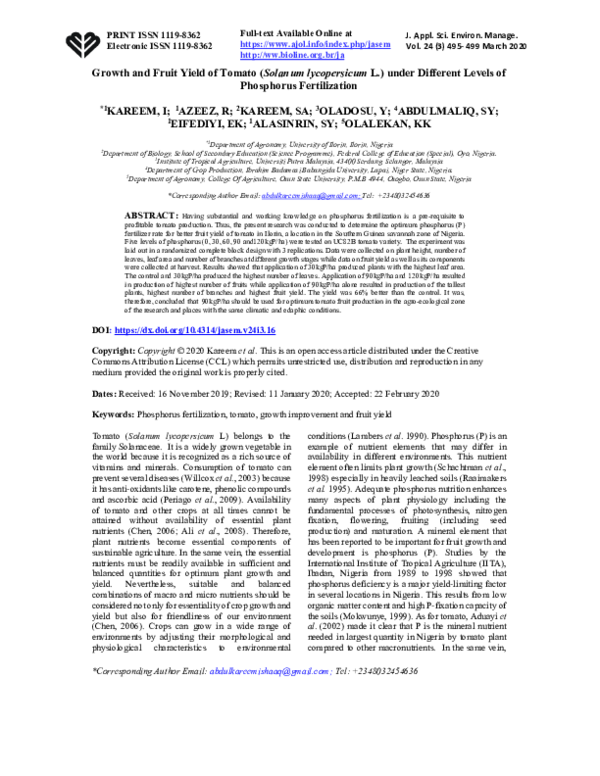 (PDF) Growth and Fruit Yield of Tomato (Solanum lycopersicum L.) under ...