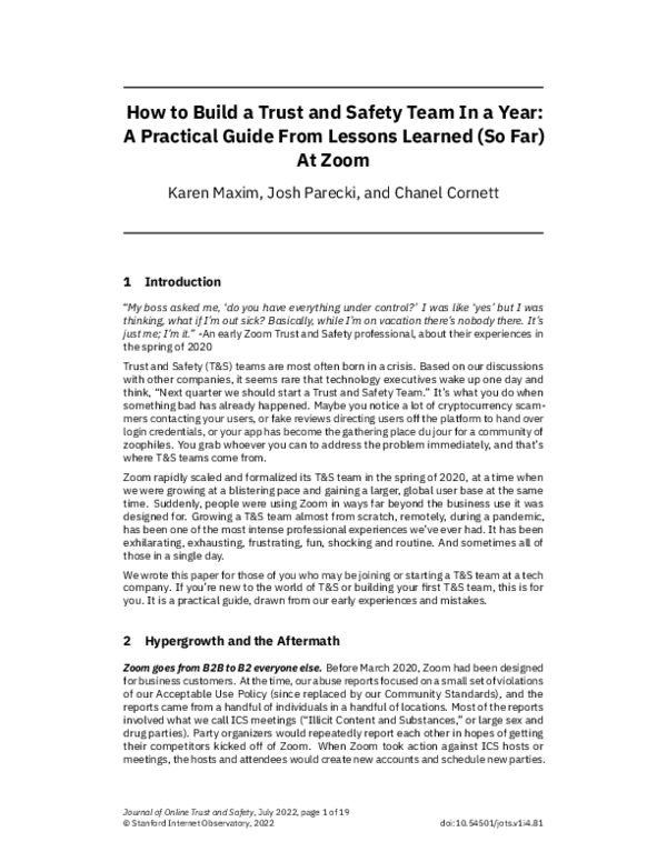 (PDF) How to Build a Trust and Safety Team In a Year