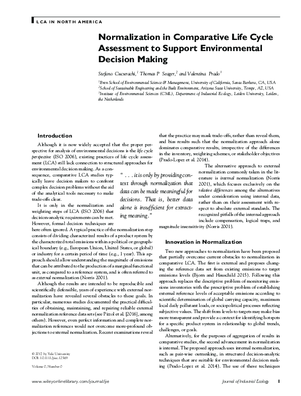 (PDF) Normalization in Comparative Life Cycle Assessment to Support ...