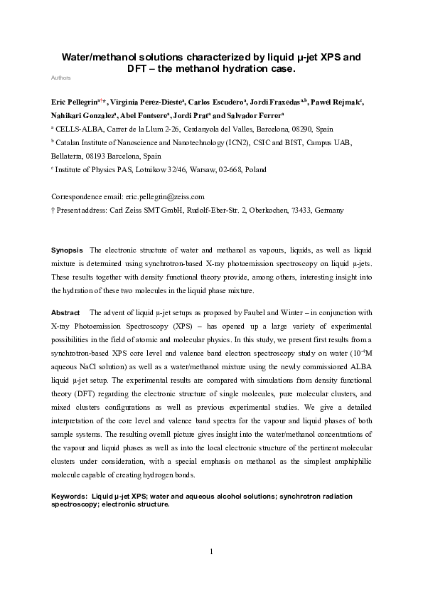 (PDF) Water/methanol solutions characterized by liquid μ-jet XPS and ...