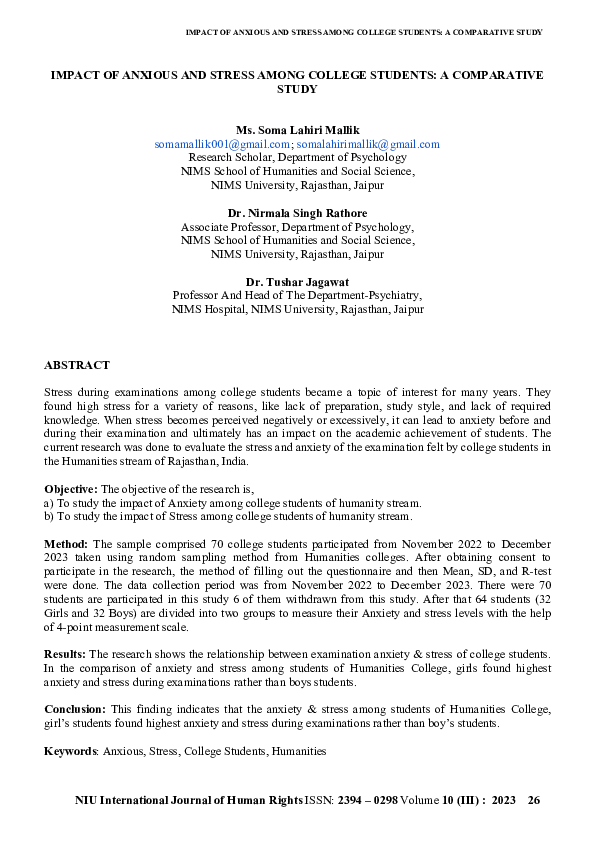 (PDF) IMPACT OF ANXIOUS AND STRESS AMONG COLLEGE STUDENTS: A ...