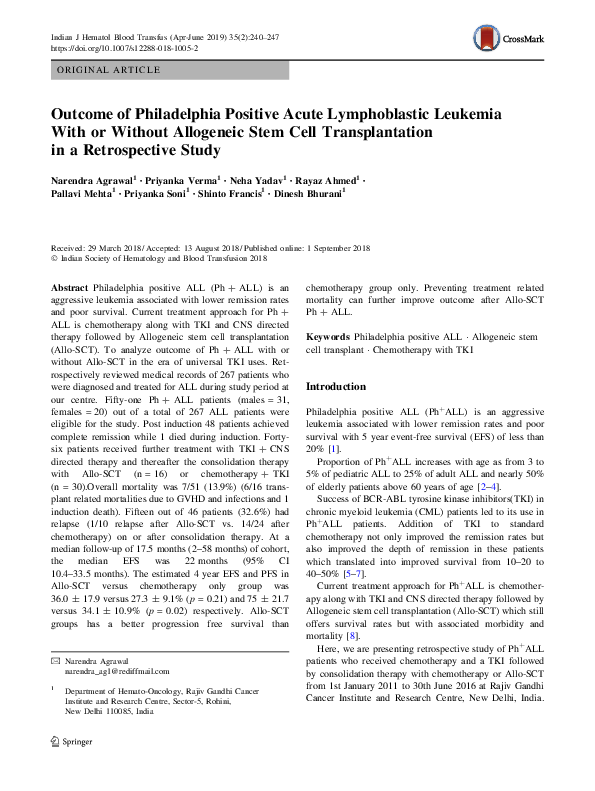 (PDF) Outcome of Philadelphia Positive Acute Lymphoblastic Leukemia ...