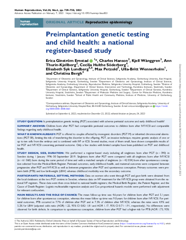 (PDF) Preimplantation genetic testing and child health: a national ...