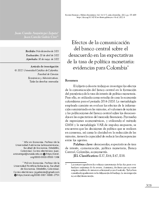 (PDF) Efectos de la comunicación del banco central sobre el desacuerdo ...