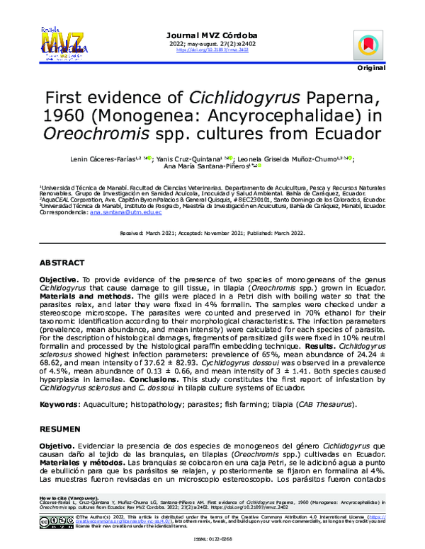 (PDF) First evidence of Cichlidogyrus Paperna, 1960 (Monogenea ...