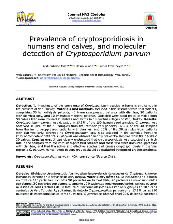 (PDF) Prevalence of cryptosporidiosis in humans and calves, and ...