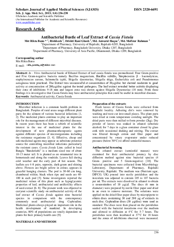 (PDF) Antibacterial Bustle of Leaf Extract of Cassia Fistula