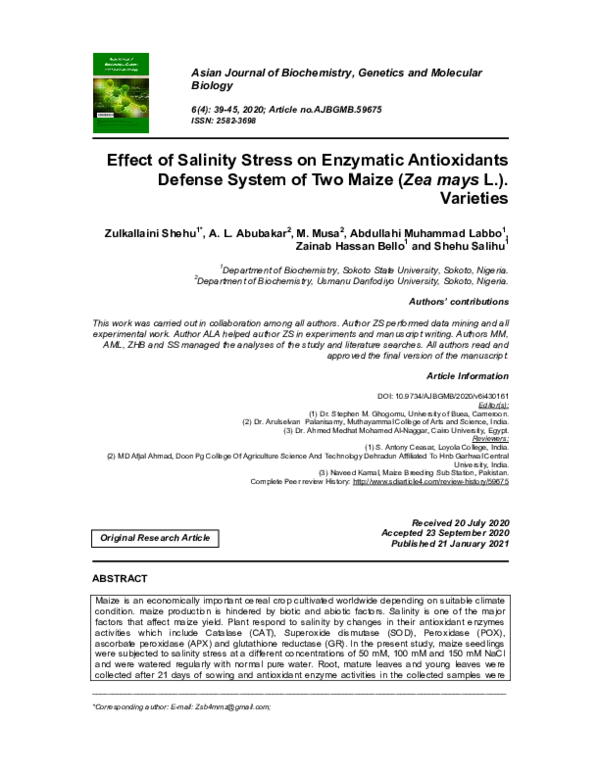 (PDF) Effect of Salinity Stress on Enzymatic Antioxidants Defense