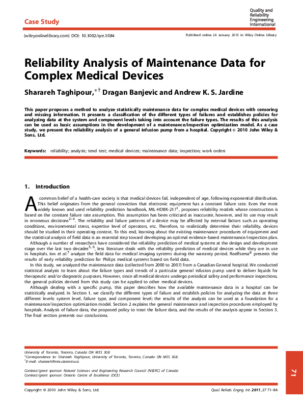(PDF) Reliability analysis of maintenance data for complex medical devices