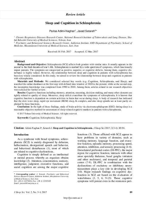 (PDF) Sleep and Cognition in Schizophrenia