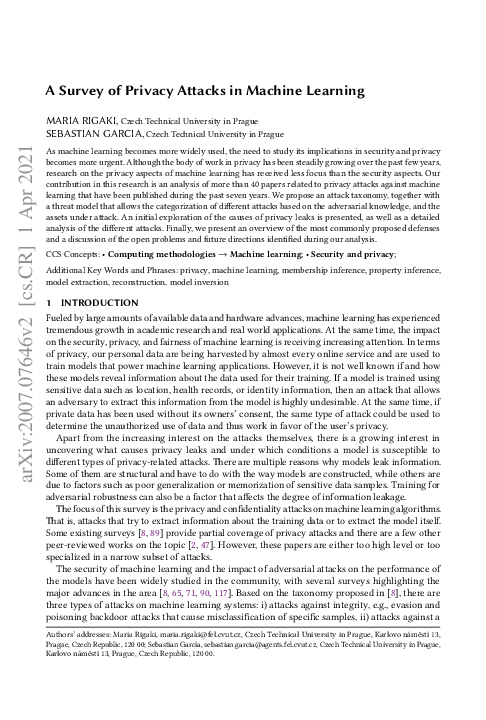 (PDF) A Survey of Privacy Attacks in Machine Learning