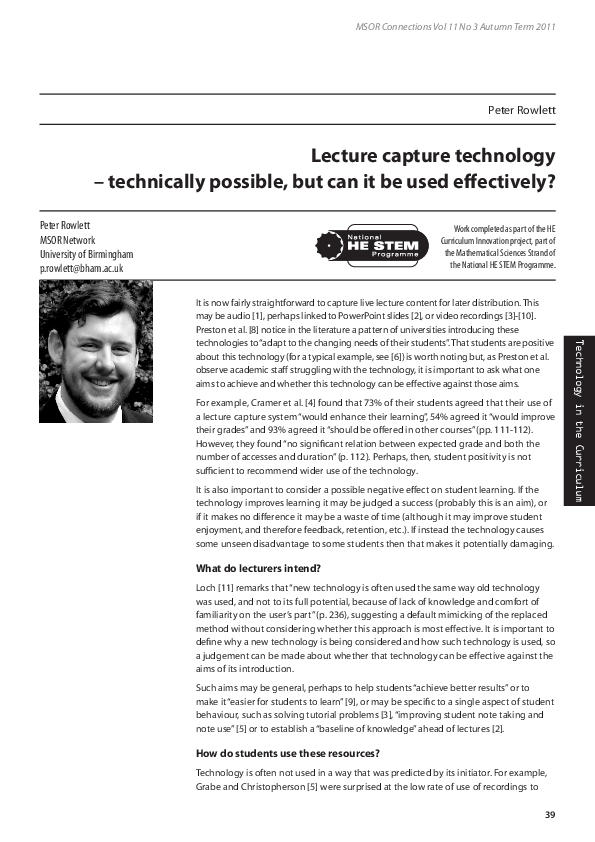 (PDF) Lecture capture technology - technically possible, but can it be ...