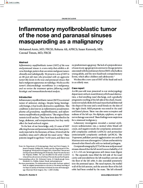 (PDF) Inflammatory Myofibroblastic Tumor of the Nose and Paranasal ...