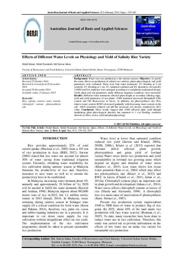 (PDF) Effects of Different Water Levels on Physiology and Yield of ...
