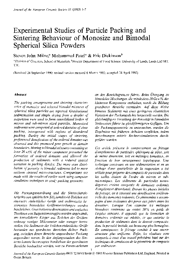 (PDF) Experimental studies of particle packing and sintering behaviour ...