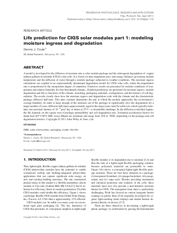 (PDF) Life prediction for CIGS solar modules part 1: modeling moisture ...