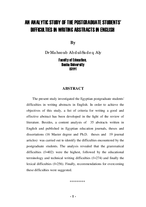 (PDF) An Analytic Study of the Postgraduate Students' Difficulties in ...