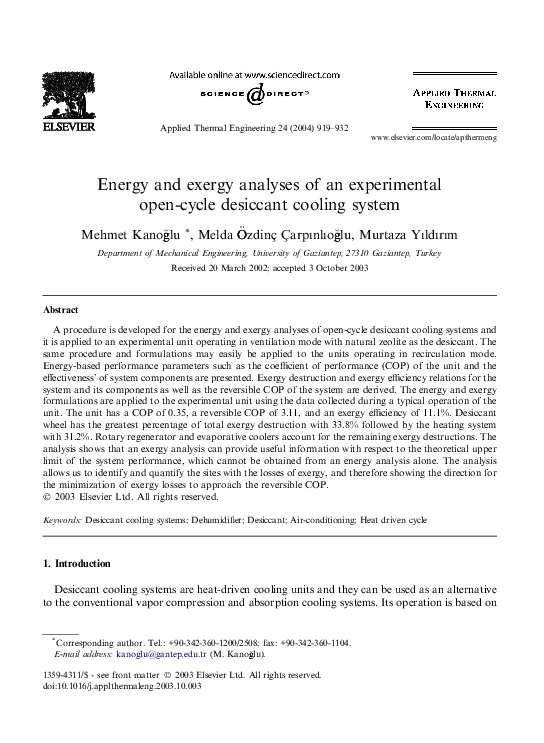 (PDF) Energy and exergy analyses of an experimental opencycle