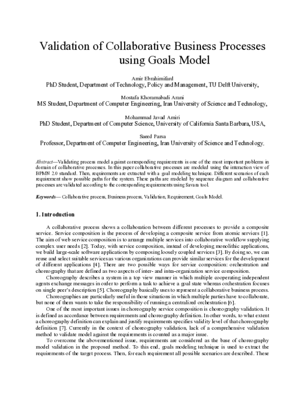 (PDF) Validation of Collaborative Business Processes using Goals Model