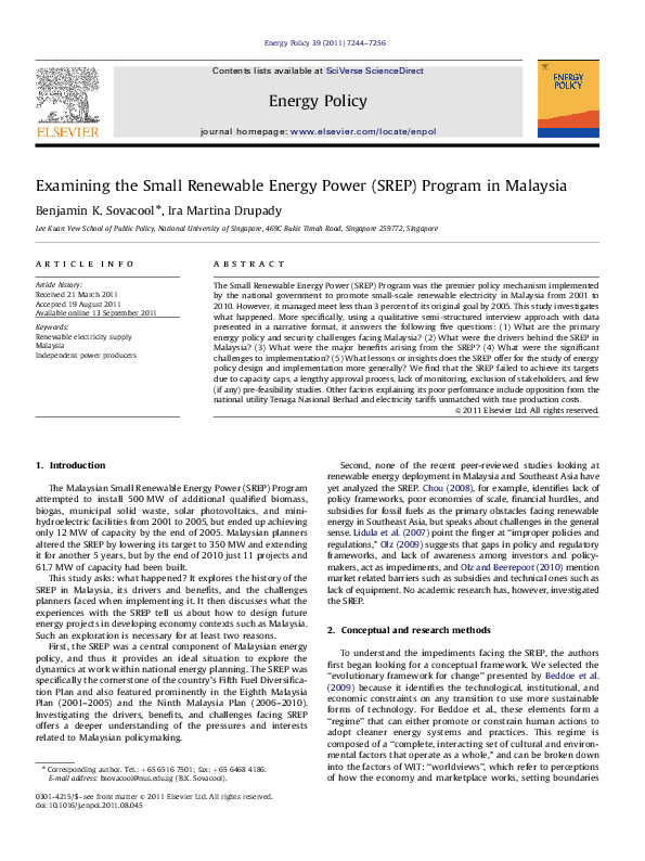 (PDF) Examining the Small Renewable Energy Power (SREP) Program in Malaysia