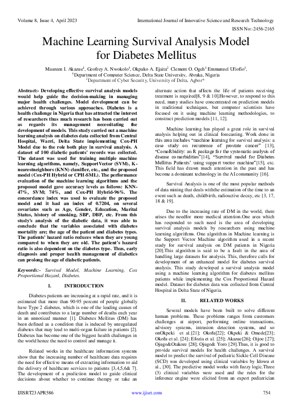 (PDF) Machine Learning Survival Analysis Model for Diabetes Mellitus