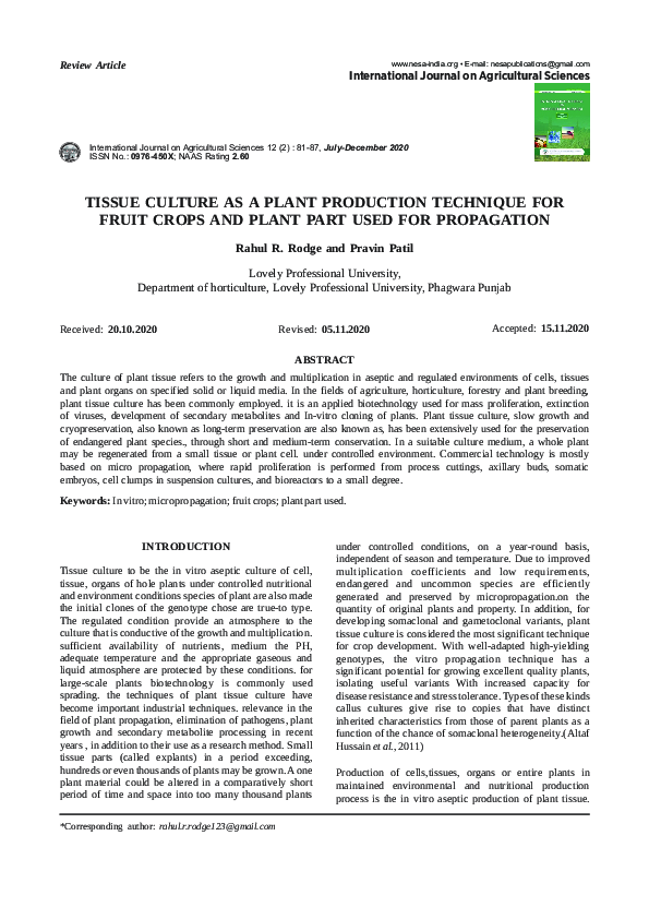 (PDF) Tissue Culture as a Plant Production Technique for Fruit Crops