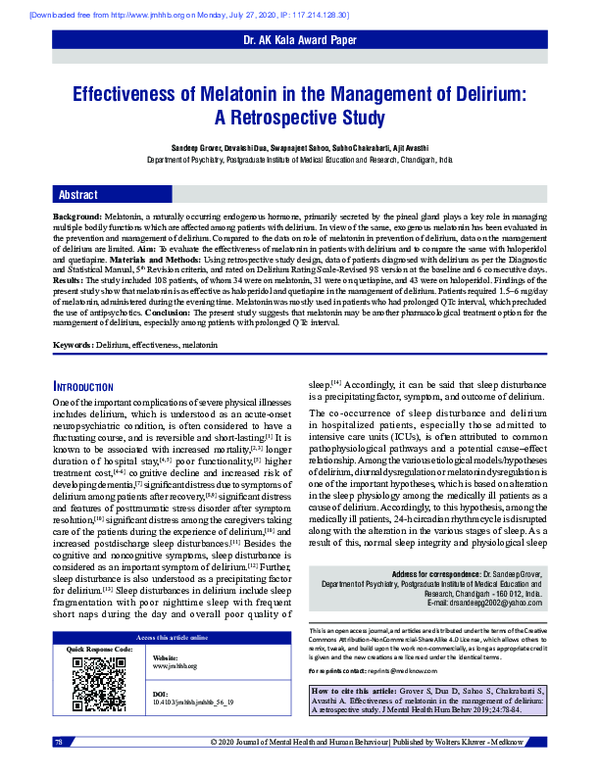 (PDF) Effectiveness of melatonin in the management of delirium: A ...