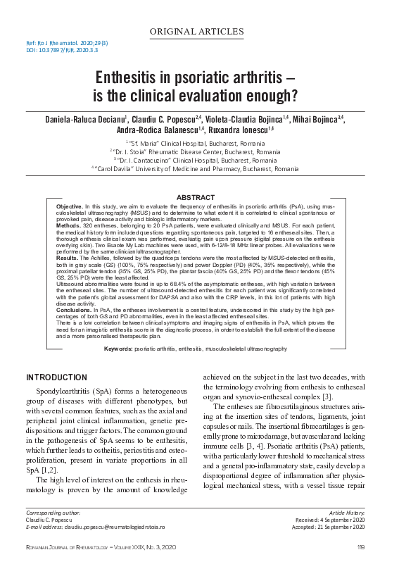(PDF) Enthesitis in psoriatic arthritis – is the clinical evaluation ...