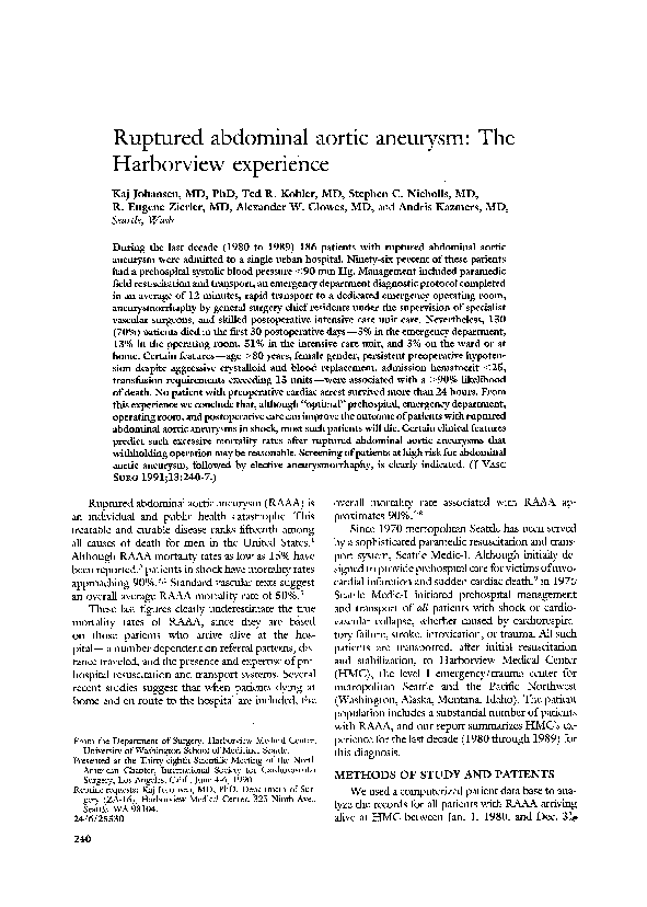 (PDF) Ruptured abdominal aortic aneurysm: The Harborview experience