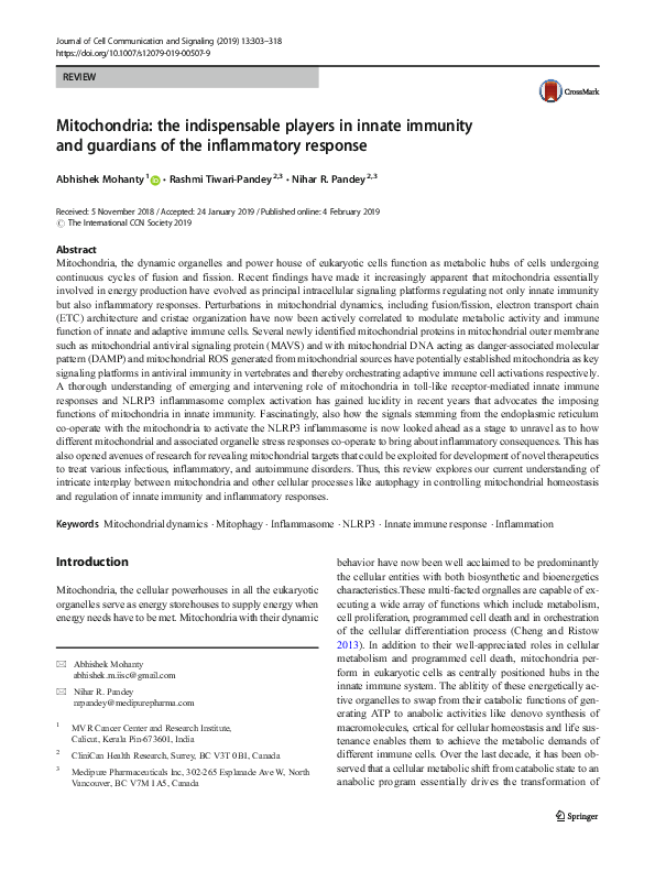 (PDF) Mitochondria: the indispensable players in innate immunity and ...