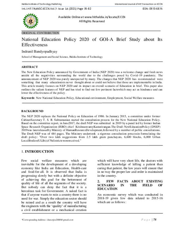 (PDF) National Education Policy 2020 of GOI-A Brief Study about Its ...