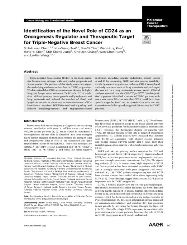 (PDF) Identification of the Novel Role of CD24 as an Oncogenesis ...