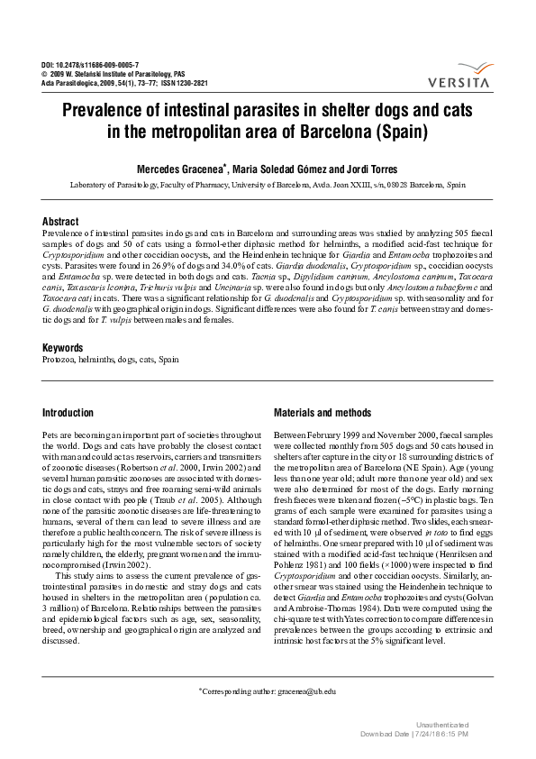 (PDF) Prevalence of intestinal parasites in shelter dogs and cats in ...