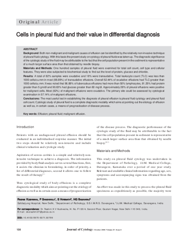 (PDF) Cells in pleural fluid and their value in differential diagnosis