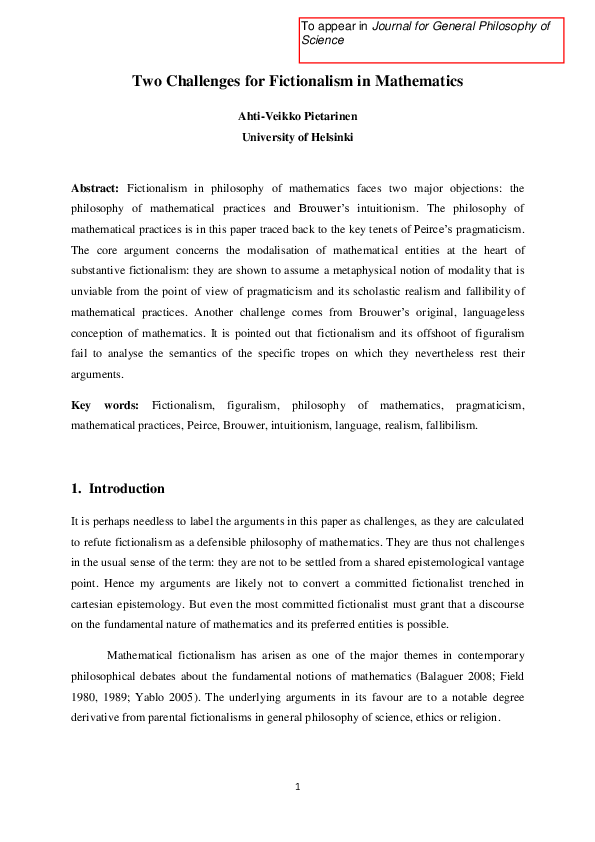 (PDF) Two Challenges for Fictionalism in Mathematics