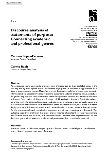 (PDF) Discourse analysis of statements of purpose: Connecting academic ...