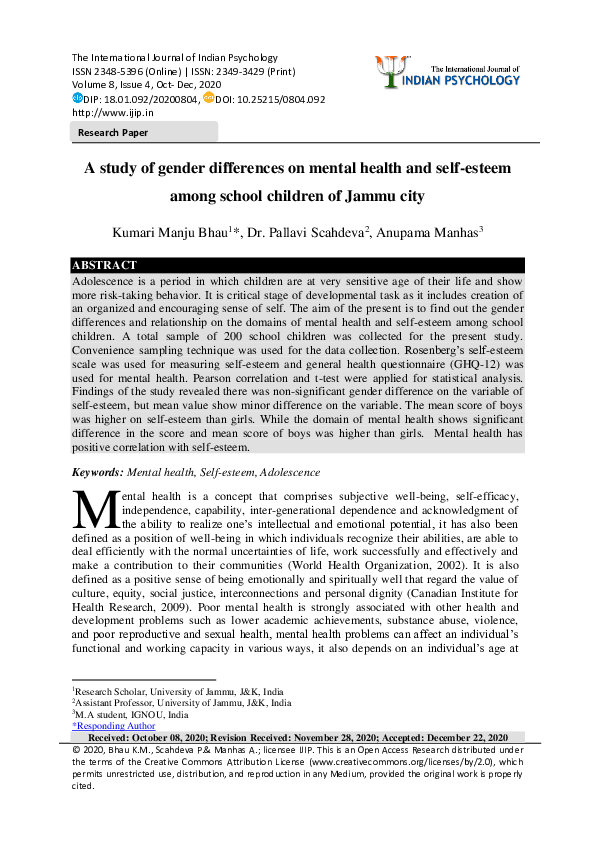 (PDF) A study of gender differences on mental health and self-esteem ...
