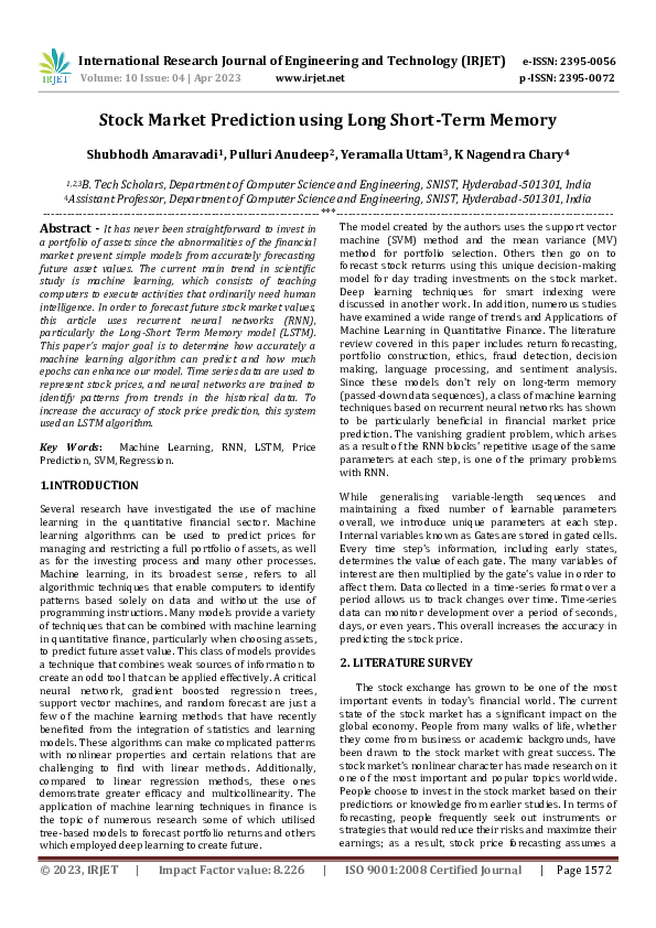 (PDF) Stock Market Prediction using Long Short-Term Memory