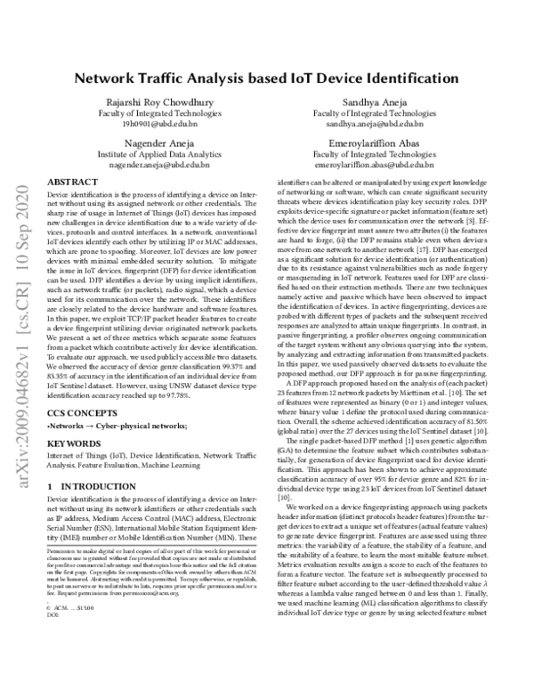 (PDF) Network Traffic Analysis based IoT Device Identification