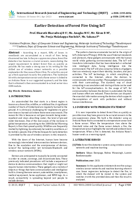 (PDF) Earlier Detection of Forest Fire Using IoT