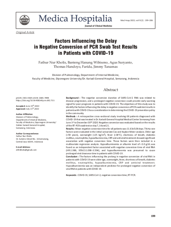 (PDF) Factors Influencing the Delay in Negative Conversion of PCR Swab ...