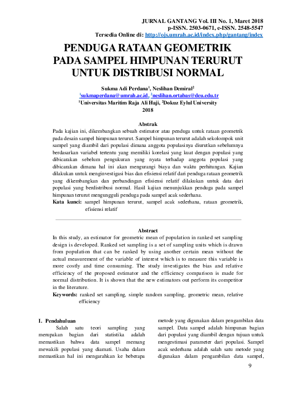 (PDF) Penduga Rataan Geometrik pada Sampel Himpunan Terurut untuk ...