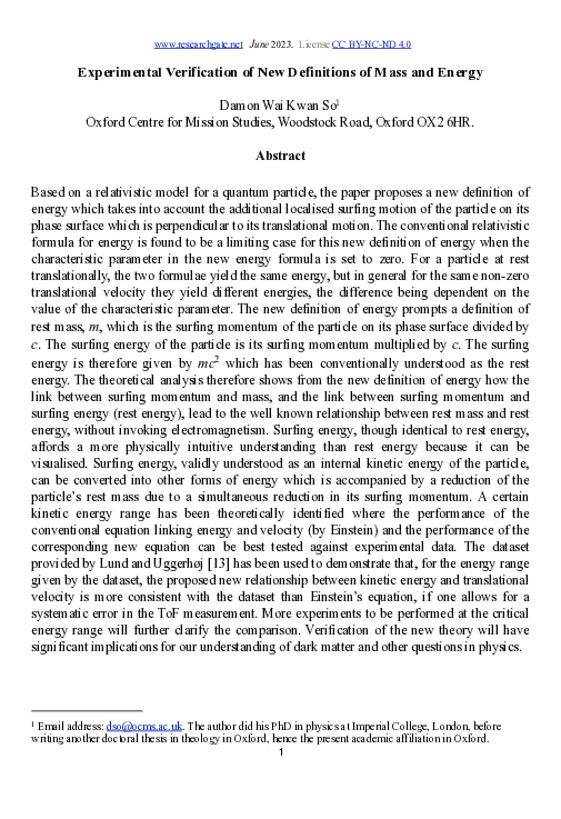 (PDF) Experimental Verification of New Definitions of Mass and Energy