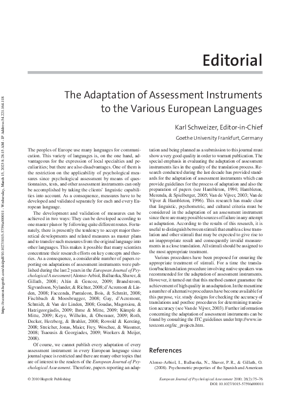 (PDF) The Adaptation of Assessment Instruments to the Various European ...
