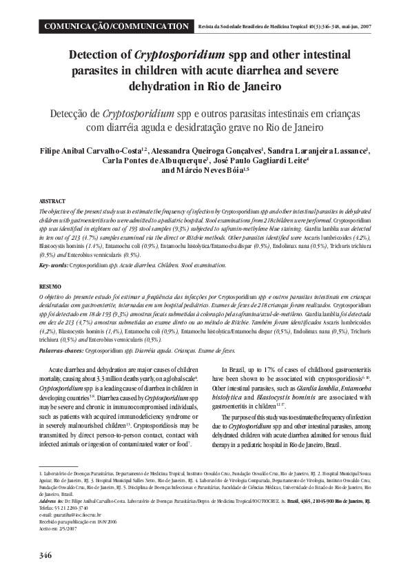 (PDF) Detection of Cryptosporidium spp and other intestinal parasites ...