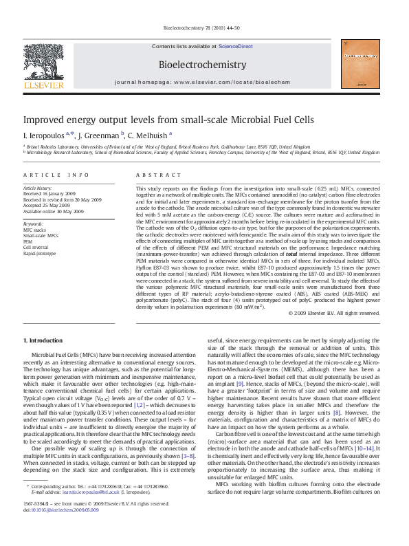 (PDF) Improved energy output levels from small-scale Microbial Fuel Cells