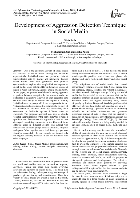 (PDF) Development of Aggression Detection Technique in Social Media