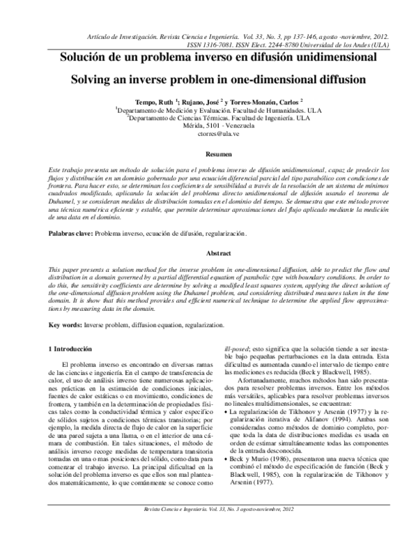 (PDF) Solución de un problema inverso en difusión unidimensional
